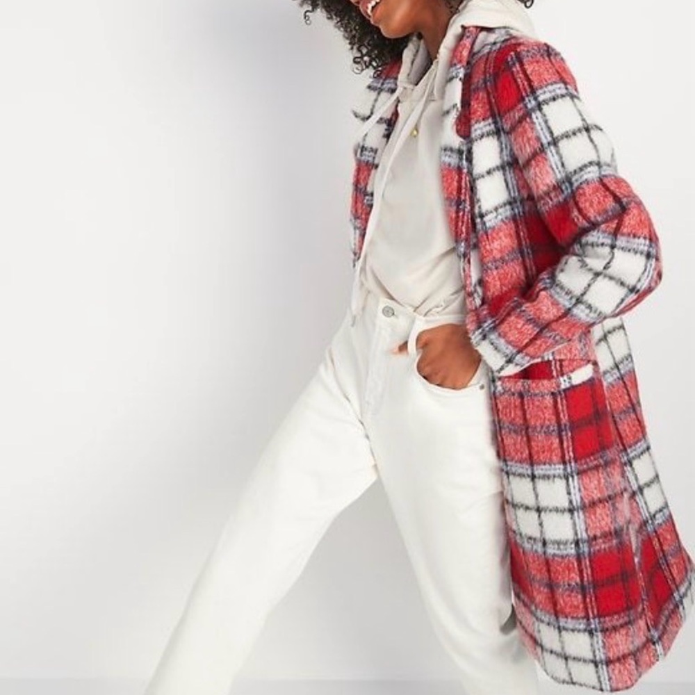 Old Navy Oversized Red Tartan Plaid Overcoat Women’s S Soft Brushed